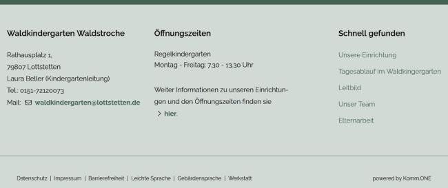 Bereich mit Kontaktdaten, Öffnungszeiten und häufig gesuchte Seiten